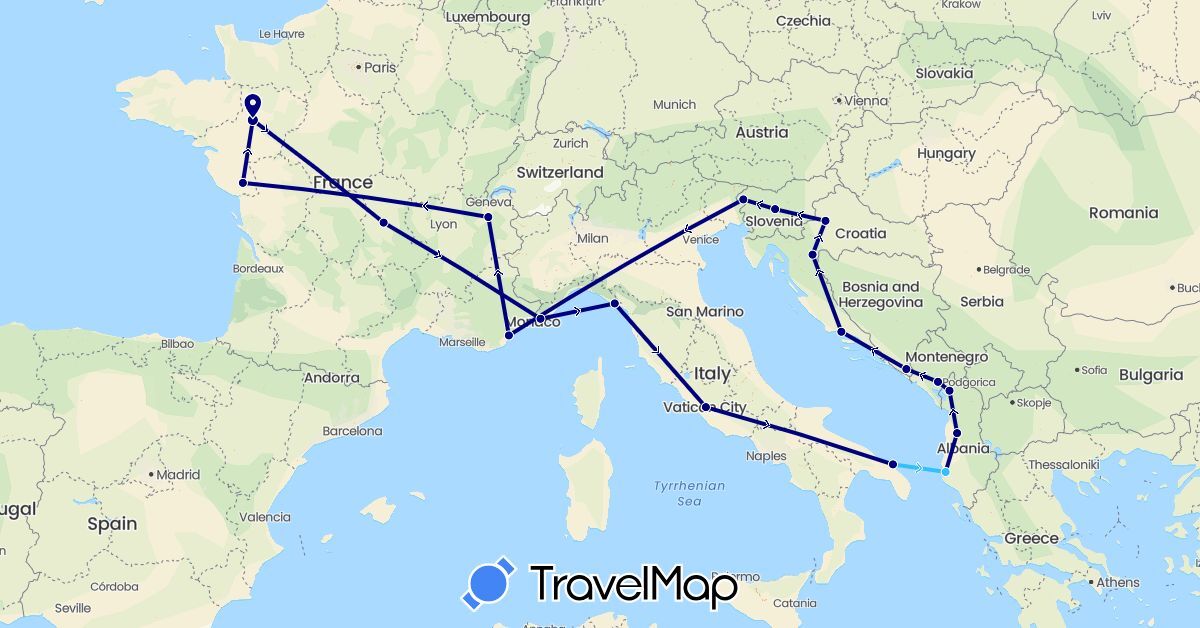 TravelMap itinerary: driving, boat in Albania, Bosnia and Herzegovina, France, Croatia, Italy, Montenegro, Slovenia (Europe)